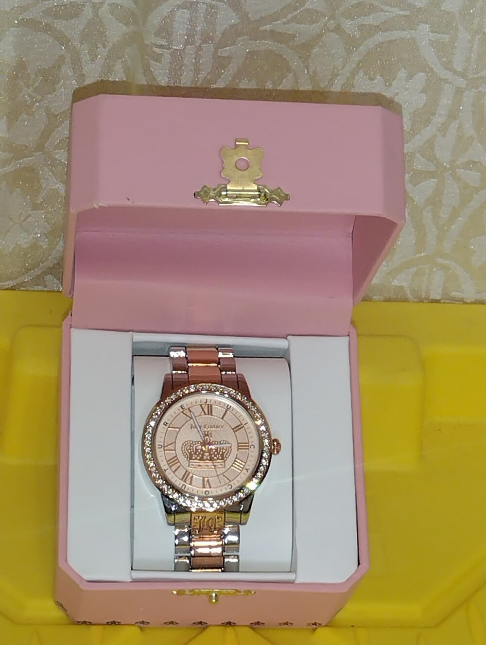 JUICY COUTURE WATCH JUICY COUTURE ROSE GOLD SILVER CROWN RHINESTONE WATCH
